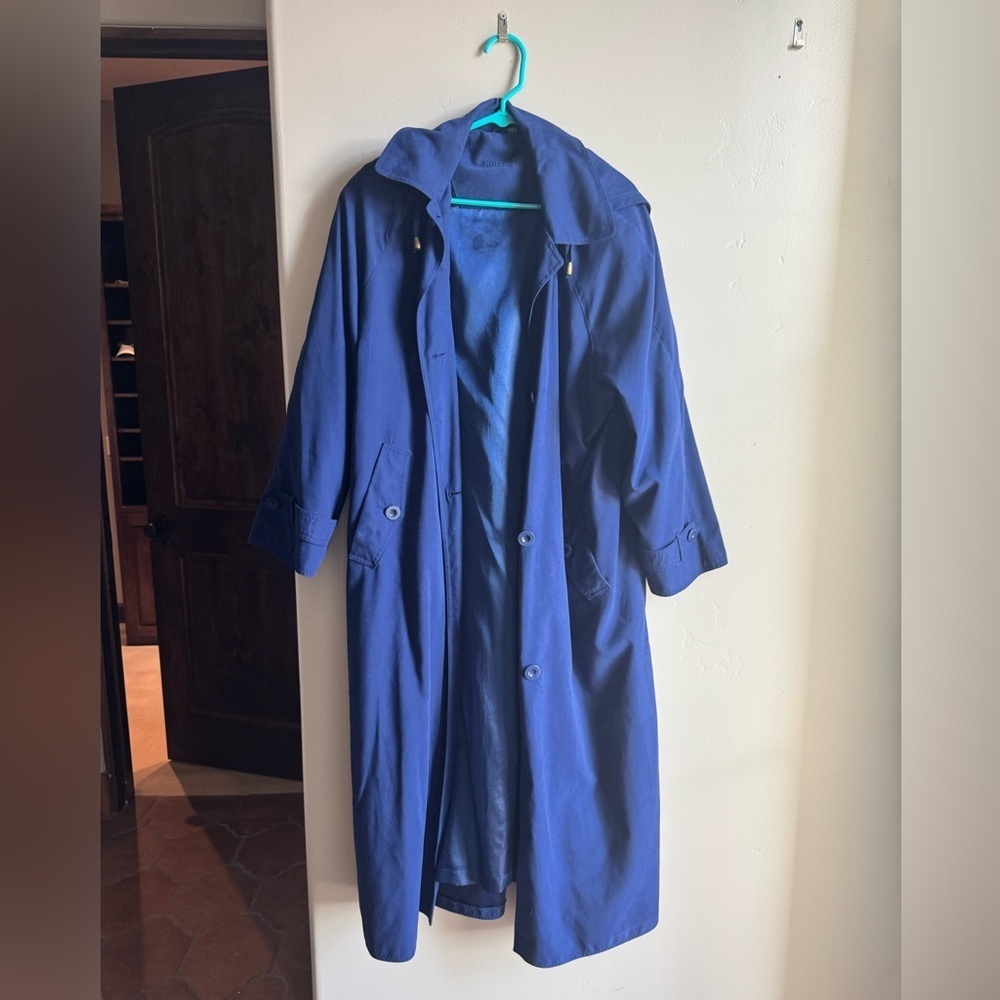 Kristen Blake Blue Hooded Trench Coat Petite 10P Minimalist Classic Core Scandi